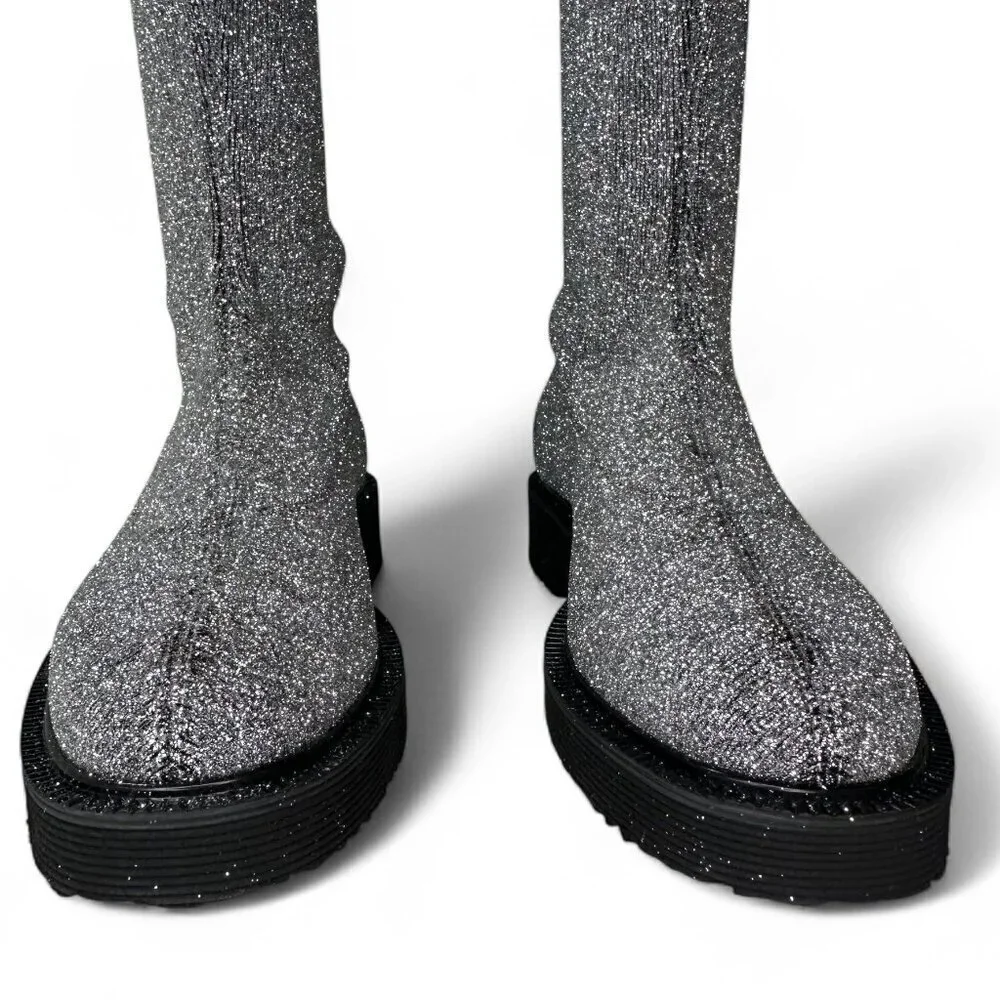 Giuseppe Zanotti Women's Silver Glitter Over-the-Knee Flat Boots Sz 37.5 NWOT